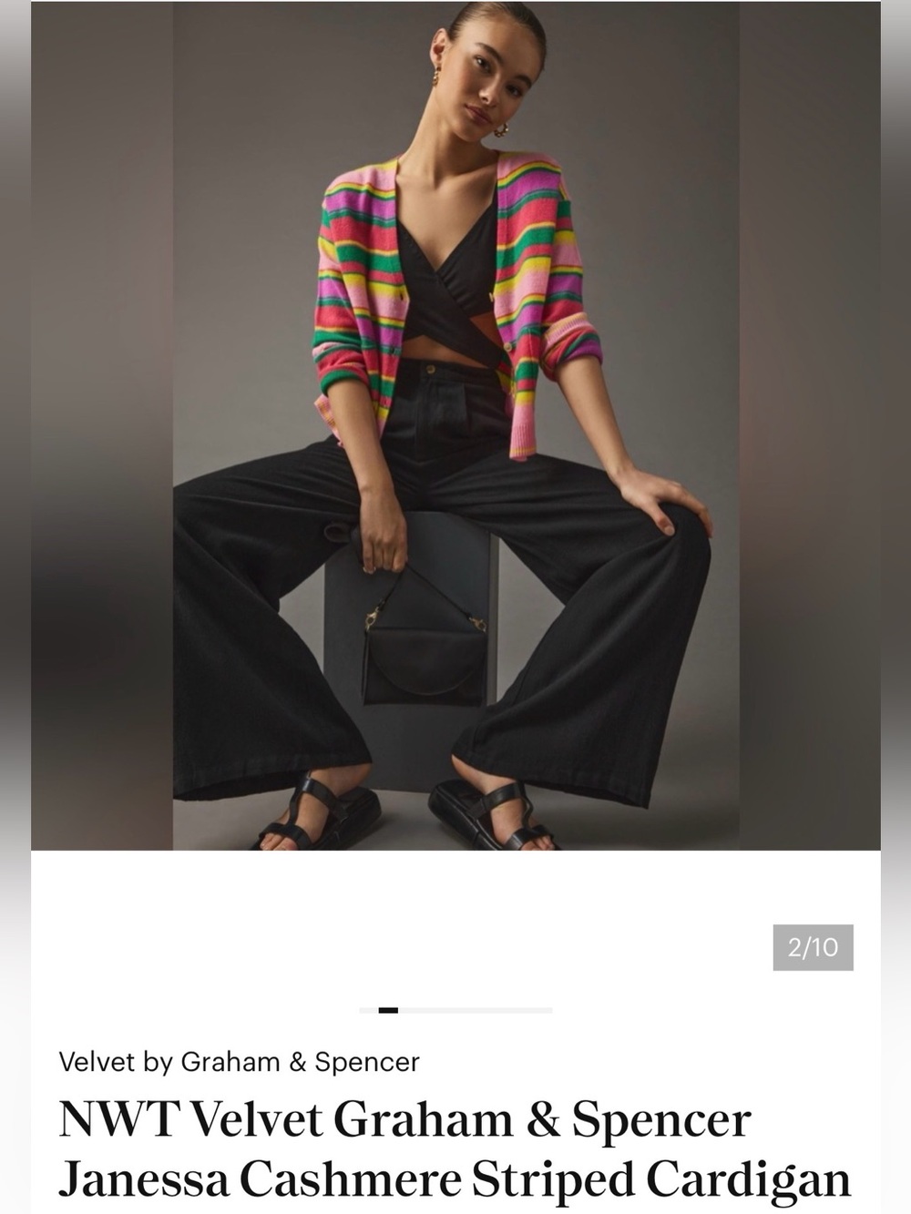 Velvet by Graham & Spencer Striped V-Neck Cardigan in Pink, Green & Yellow - Picture 2 of 10